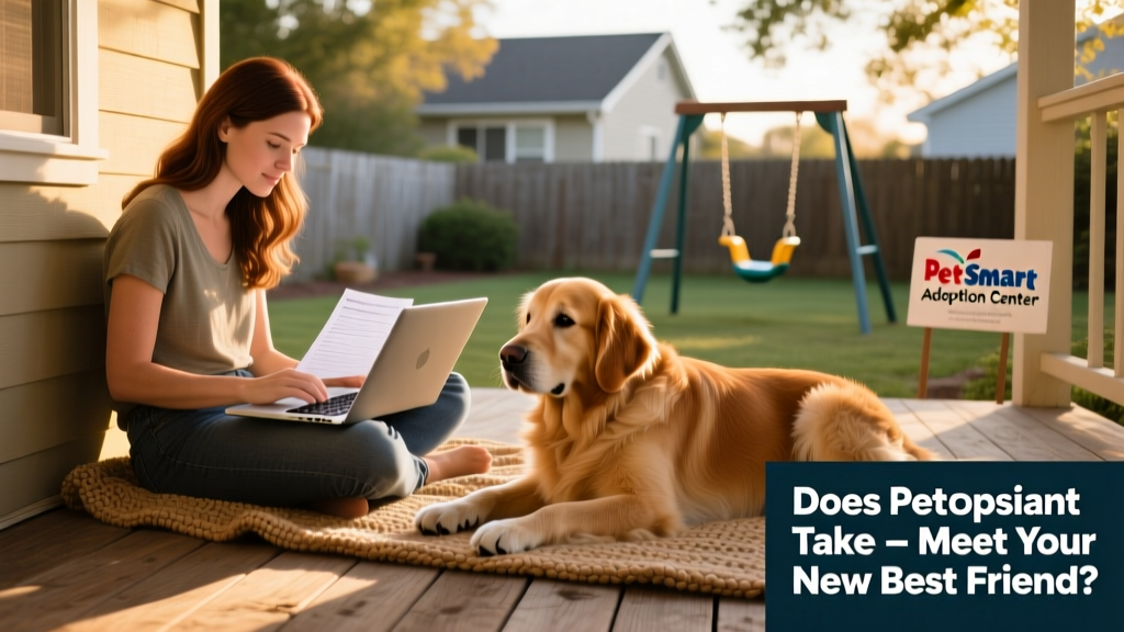 A person reviewing adoption applications on a laptop while sitting beside their calm, well-groomed dog