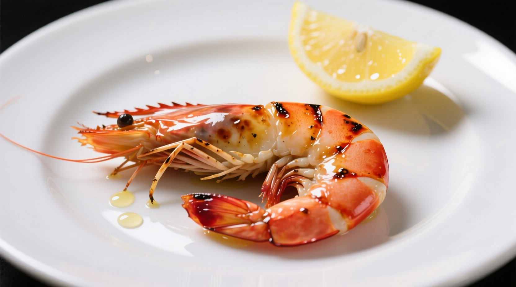 Fresh cooked shrimp on white plate with lemon wedge