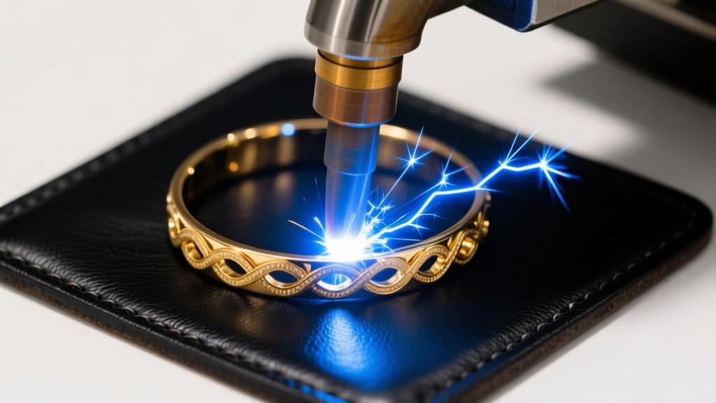 Top-down view of a pulse arc welder zapping a 14k gold permanent bracelet on a dark leather jeweler mat with a bright blue spark