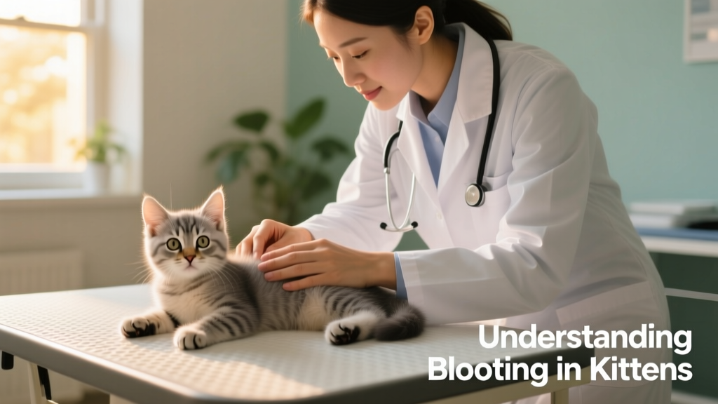 Veterinarian gently palpating a kitten's abdomen during a wellness exam, with calm, focused expression
