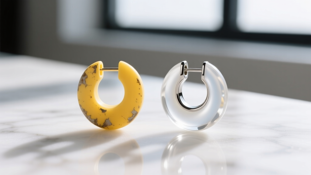Side-by-side macro comparison of a yellowed PVC earring back and a pristine clear platinum-cured silicone back on white marble.