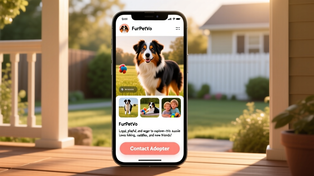Screenshot-style mockup of a well-designed FurPetVo pet profile page showing photos, bio, and 'Contact Adopter' button