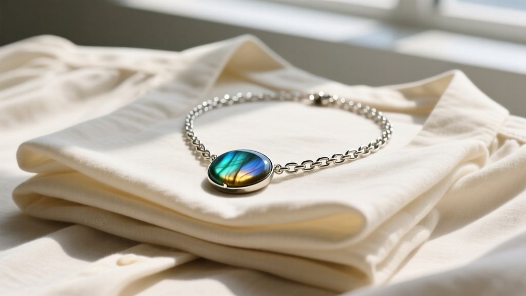 Flat lay of a layered stack featuring a silver box chain and an 18-inch labradorite pendant necklace over a cream linen blouse.