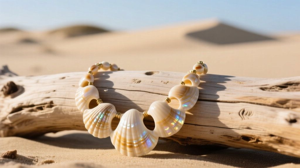 Genuine puka shell necklace on driftwood, showing natural asymmetrical holes and creamy nacre textures in warm sunlight.