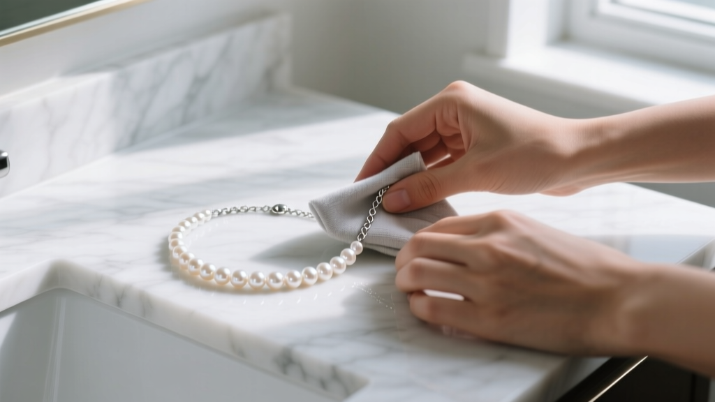 Hands gently wiping a single pearl silver necklace with a microfiber cloth on a marble vanity, avoiding harsh chemical cleaners