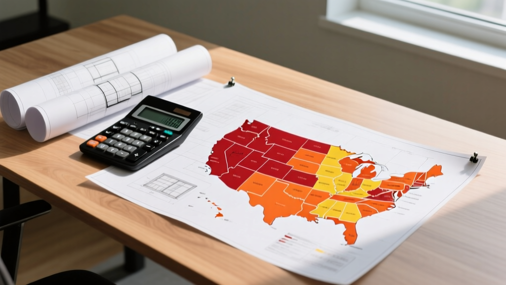 Architectural blueprints spread on a wooden desk next to a calculator and regional US map highlighting construction cost zones
