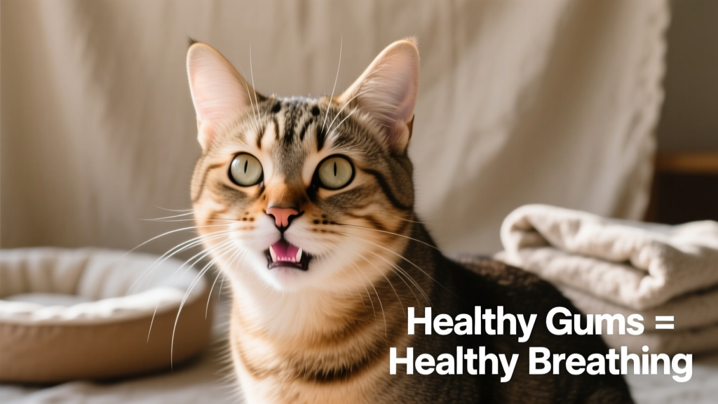 Close-up of a calm, alert cat with pink gums, illustrating normal breathing and oral health