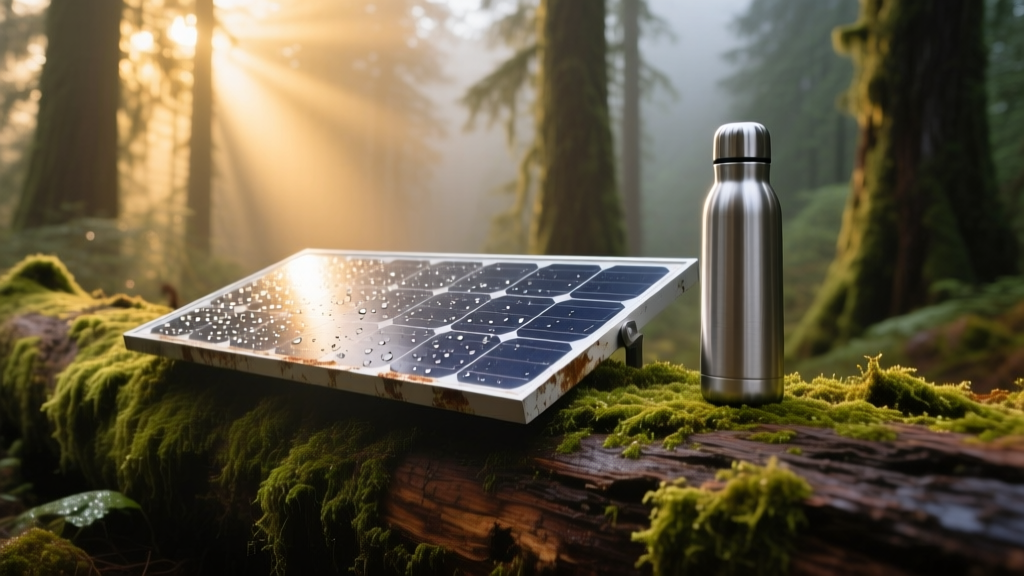 A rugged solar panel resting on a mossy log in the Pacific Northwest, capturing afternoon sunlight next to a titanium thermos.
