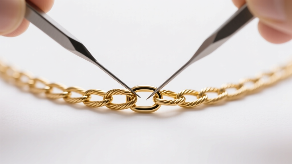 Macro shot of a delicate gold cable chain necklace being gently detangled using two fine sewing needles on a clean white surface.