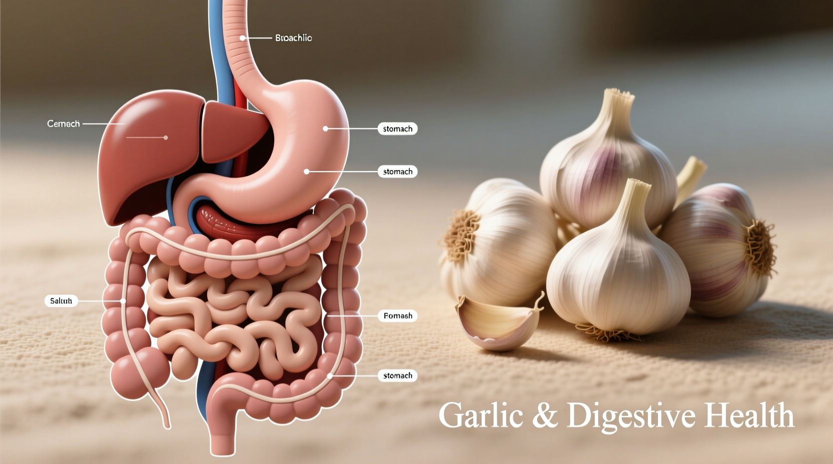 Garlic cloves next to digestive system diagram