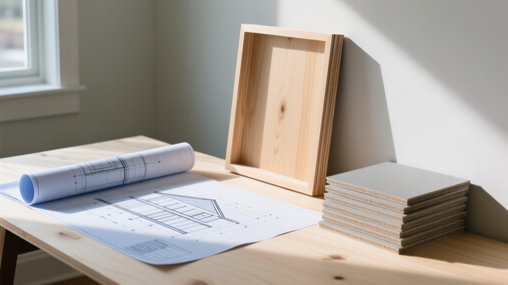 Architectural blueprints spread on a plywood table next to a framed 2x6 wall section and a stack of fiber cement siding panels