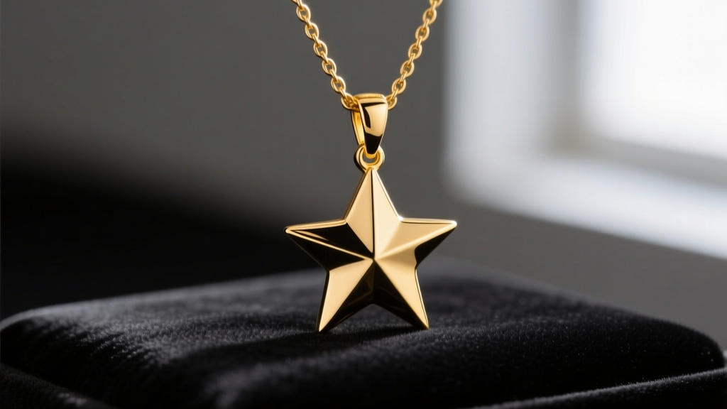 Macro shot of a 14k yellow gold star pendant on a cable chain, showing sharp points and polished finish on dark velvet.