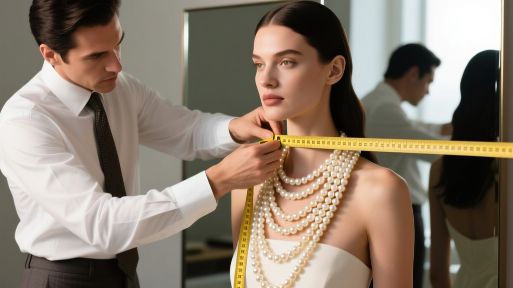 Tailor measuring a neck with a soft yellow tape to determine the exact inner-strand length for a multi-strand pearl choker