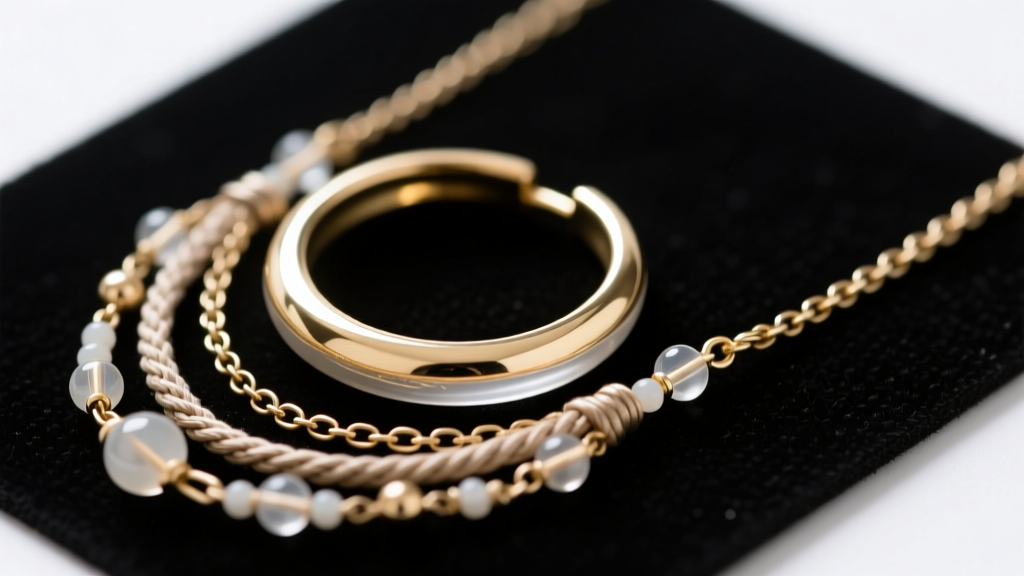 Macro shot of a brass jump ring coated with clear sealant on a long boho necklace, bright studio lighting on a dark craft mat