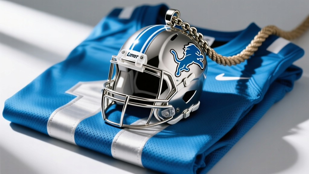 Polished stainless steel Detroit Lions helmet pendant on a thick rope chain resting on a blue and silver game day jersey.