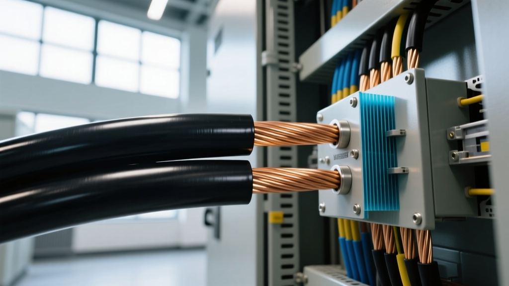 Close-up of heavy-duty XLPE insulated copper cables and mica electrical panel barriers being installed in a commercial building switchgear room