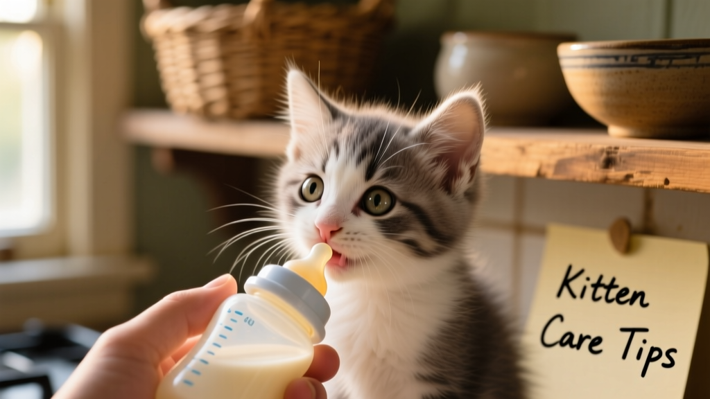 Close-up of a kitten gently latching onto a bottle nipple during feeding