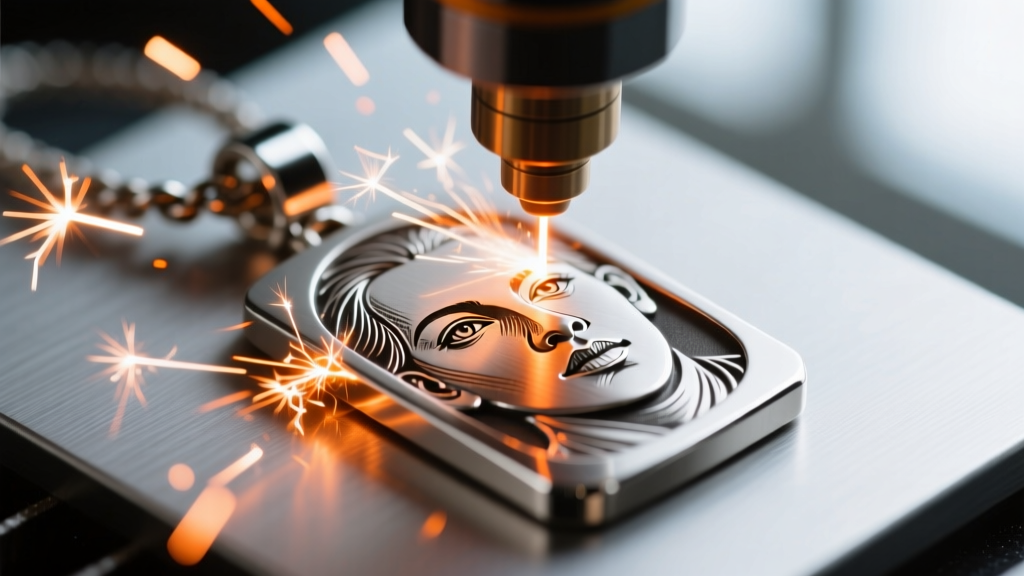 Extreme close-up of a fiber laser engraving a detailed portrait onto a brushed 316L stainless steel pendant surface with sparks