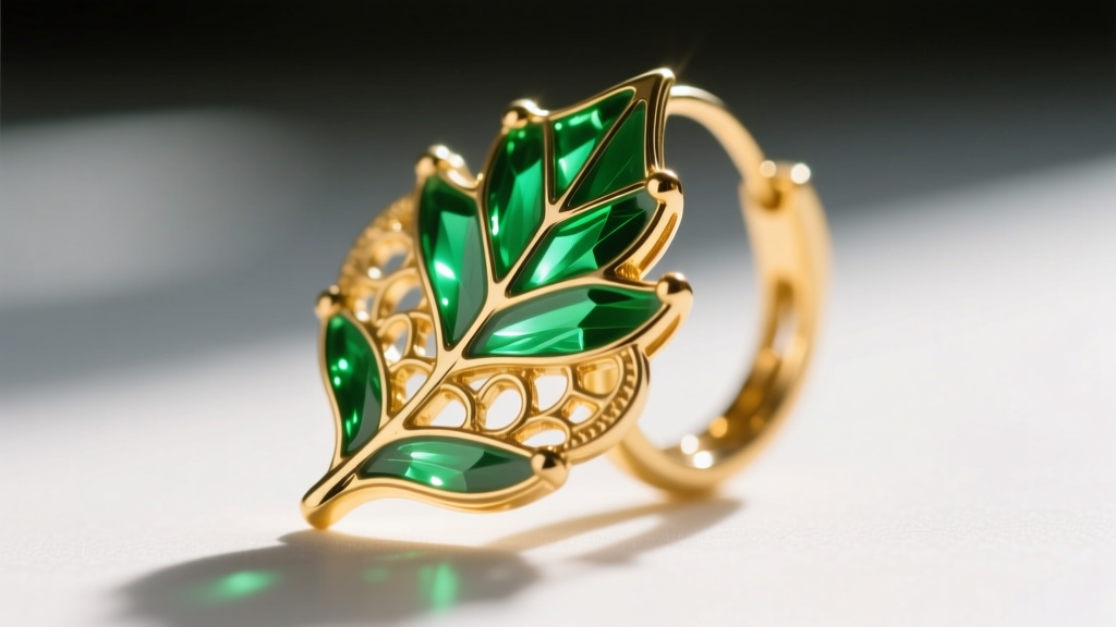 Close-up of a gold leaf earring featuring vibrant green plique-à-jour enamel, backlit to show its delicate translucent finish