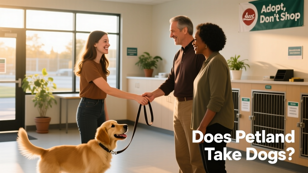 A person smiling while handing over a leash to a new adopter during a supervised meet-and-greet
