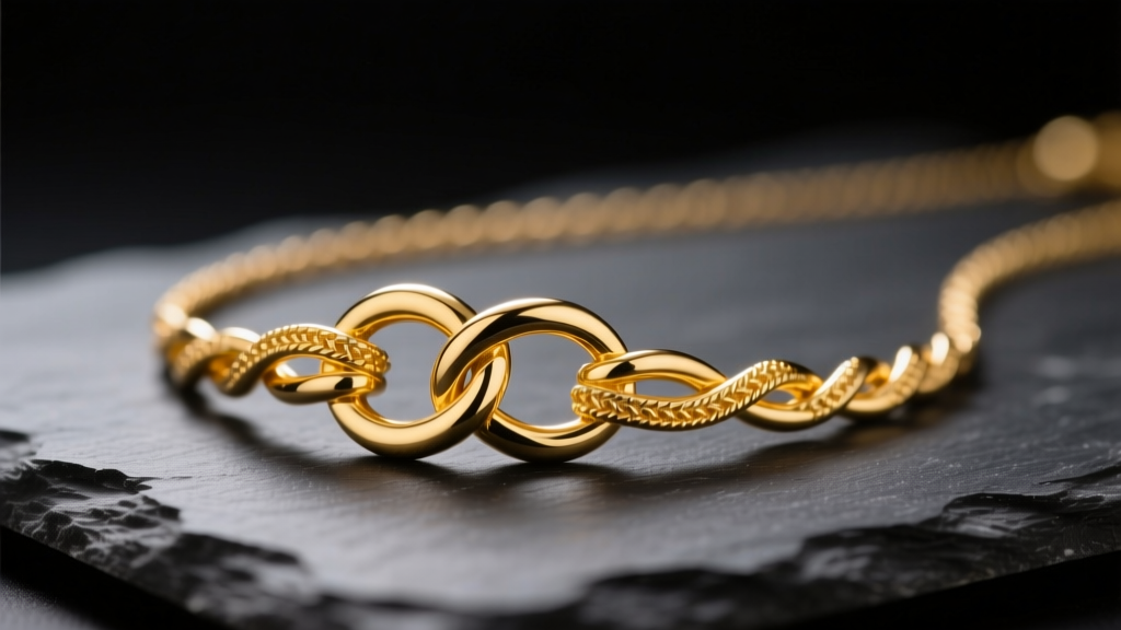 Close-up of an intricate 14k yellow gold knot necklace resting on dark slate, illuminated by soft, directional studio lighting.
