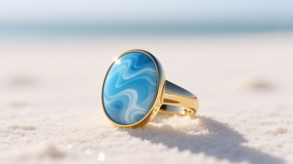 Blue larimar ring in 14k gold bezel on white sand, sunlight highlighting white marbling patterns of the polished cabochon