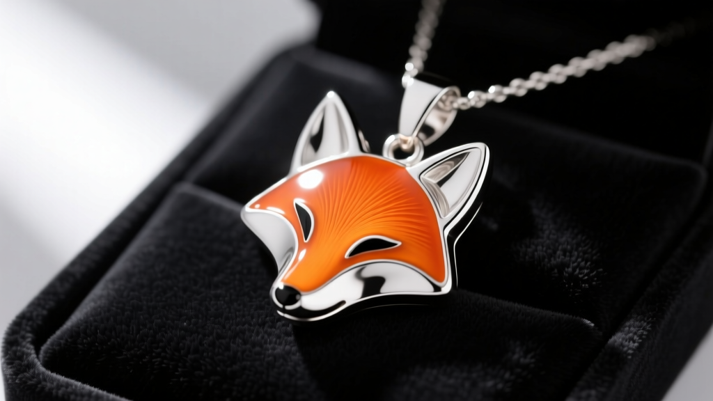 Sterling silver fox pendant with vibrant hard-fired orange enamel resting on dark velvet, captured with macro lens lighting