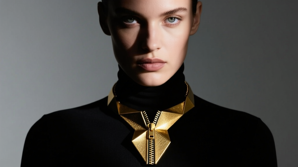 Model wearing a brutalist 14k gold zipper pendant necklace over a black turtleneck in moody, high-contrast studio lighting