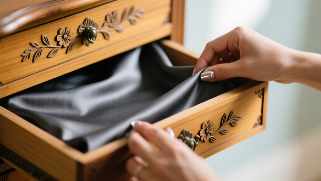 Hands installing custom charcoal gray anti-tarnish Pacific Silvercloth lining into a vintage Holly Hobbie wooden jewelry drawer.