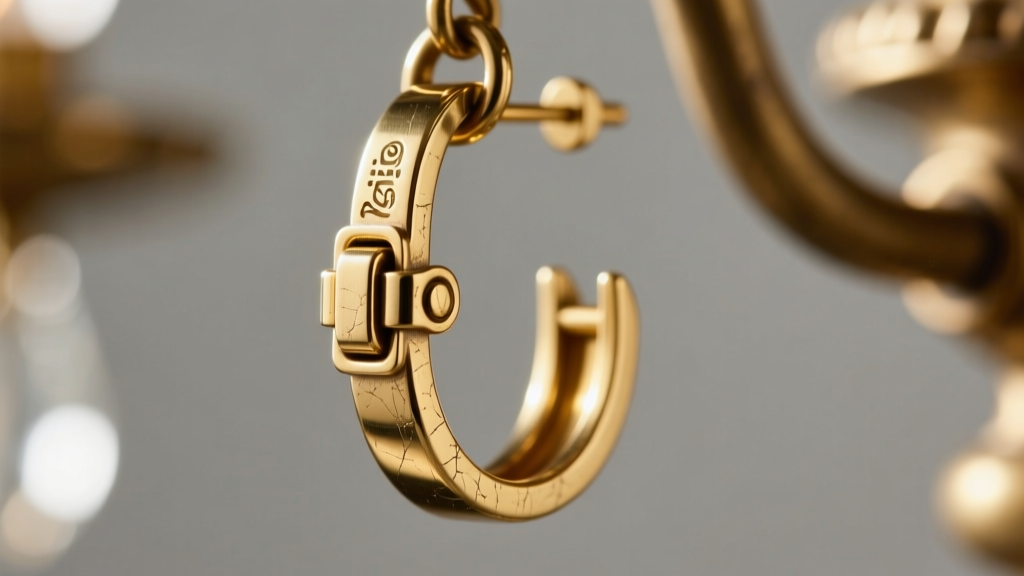 Macro shot of a leverback clasp on a brass chandelier drop earring, focusing on the mechanical hinge and secure locking latch.
