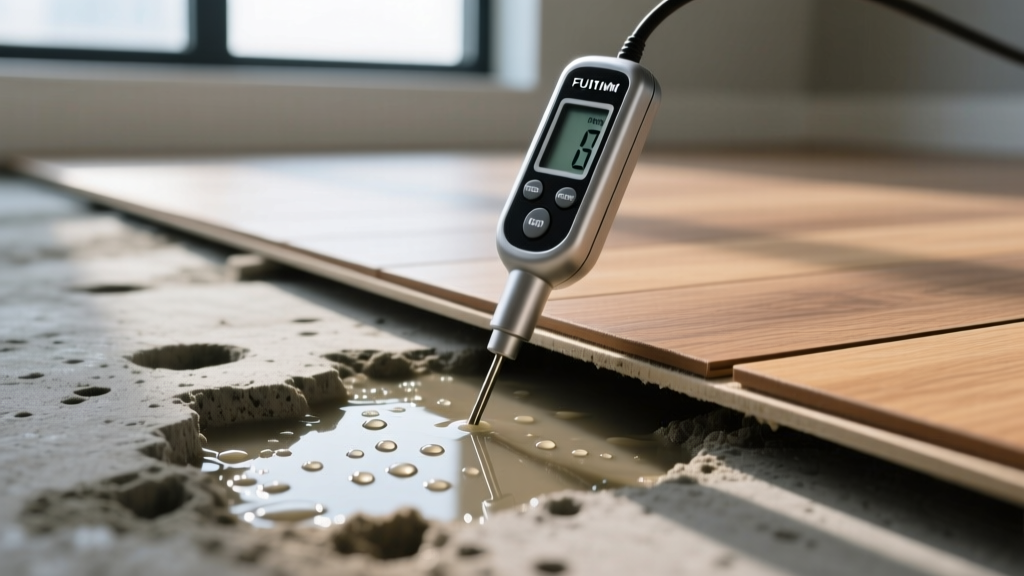 Close-up of a digital moisture meter probe testing a damp concrete subfloor beneath a partially lifted luxury vinyl plank floor