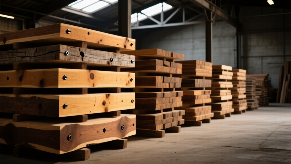 Stacks of reclaimed heart pine timber with visible nail holes and patina inside a dimly lit, organized architectural salvage warehouse