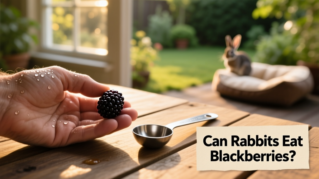 Hand holding a single blackberry next to a measuring spoon