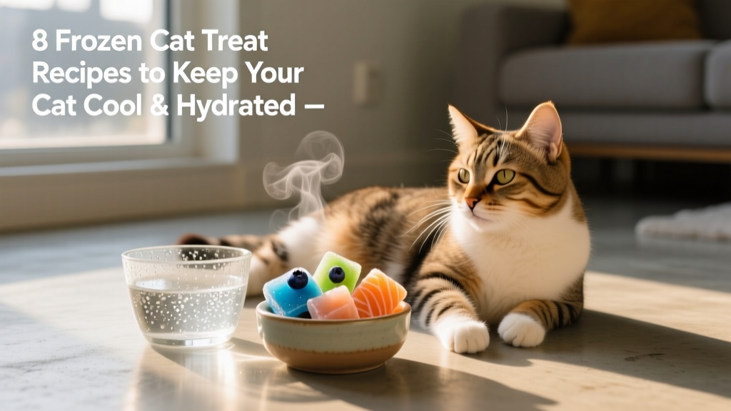 A relaxed cat lying on a cool floor near a bowl of frozen treats and a water bowl