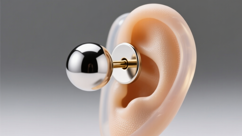 Close-up of a 16-gauge earring post secured with a wide flat disc backing supporting a large ball earring on a silicone ear mold