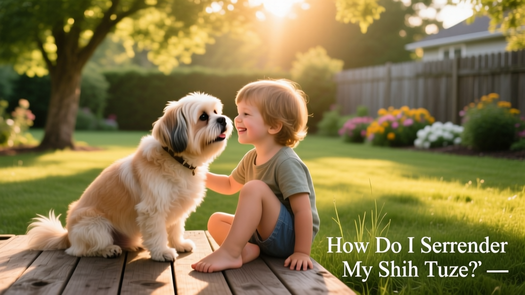 A happy Shih Tzu playing gently with a child in a sunlit backyard, showing trust and comfort