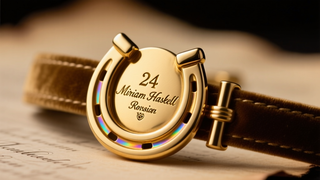 Macro photography of a vintage Miriam Haskell horseshoe hallmark stamped on a brass clasp with 24k Russian gold plating