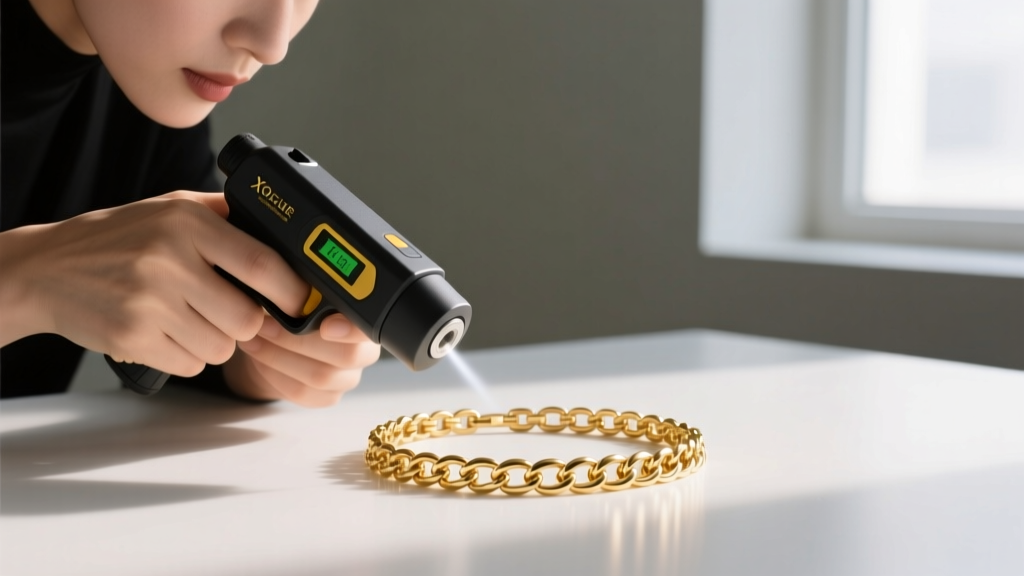 Jeweler using a handheld XRF analyzer gun to test exact micron thickness and karat purity of a gold-filled chain link bracelet.