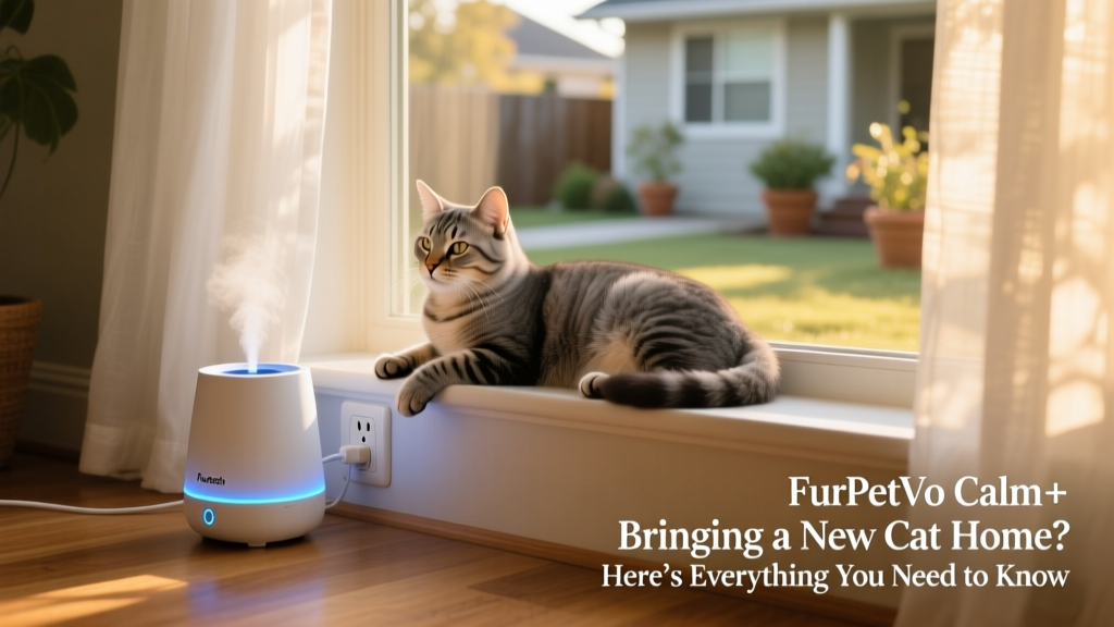 Close-up of a FurPetVo Calm+ Diffuser plugged into a wall outlet beside a serene cat resting on a windowsill