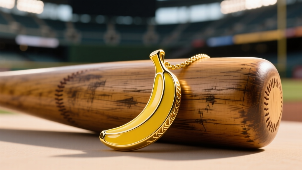 Yellow and gold enamel banana pendant necklace resting on a vintage wooden baseball bat, illuminated by warm stadium lighting.