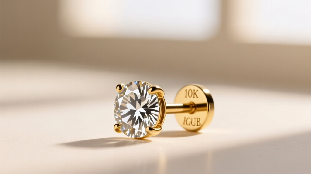 Macro shot of a 10k solid gold diamond stud earring, highlighting the hallmark stamp on the post against a blurred background.