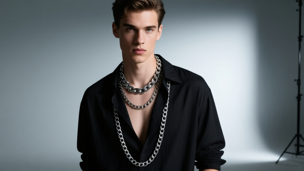 Man wearing layered silver Figaro and box chains over an open black linen shirt, moody studio lighting, fashion editorial.