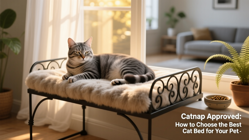 A cat lounging on an elevated wrought-iron cat bed with a long faux-fur cushion near a sunny window