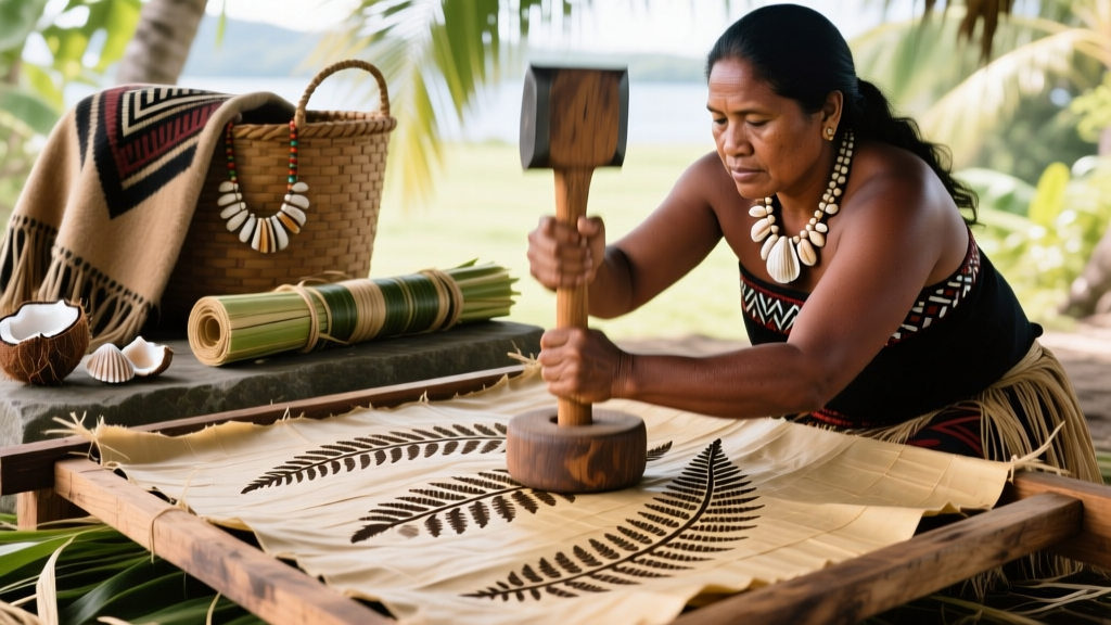 Niuean Tapa Pounding And Design Transfer Using Fern Stencils