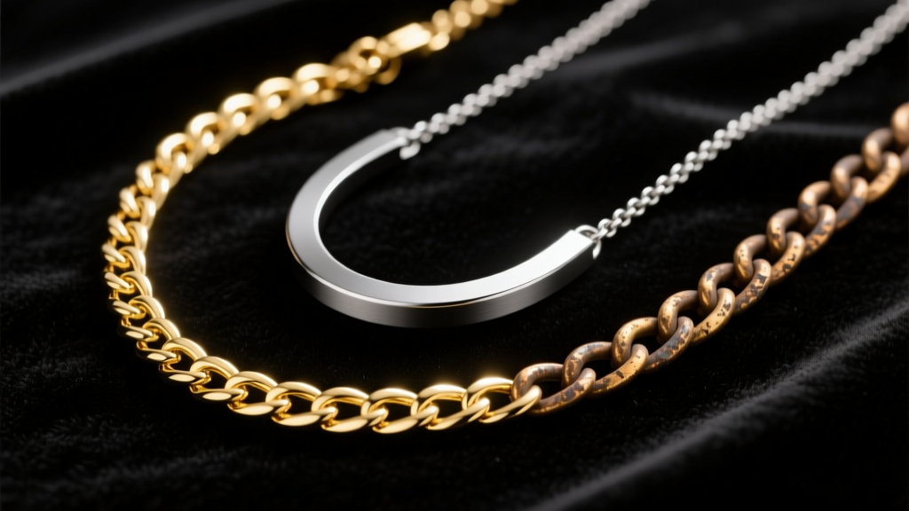 Three necklace chains on black velvet: bright 18k gold vermeil, matte stainless steel PVD, and tarnished brass, top-down view.