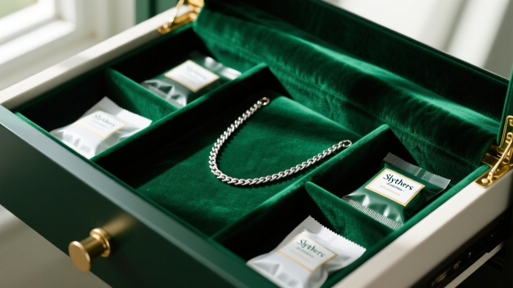 Silica gel packets and anti-tarnish strips tucked beneath the green velvet lining of a Slytherin themed jewelry storage drawer.