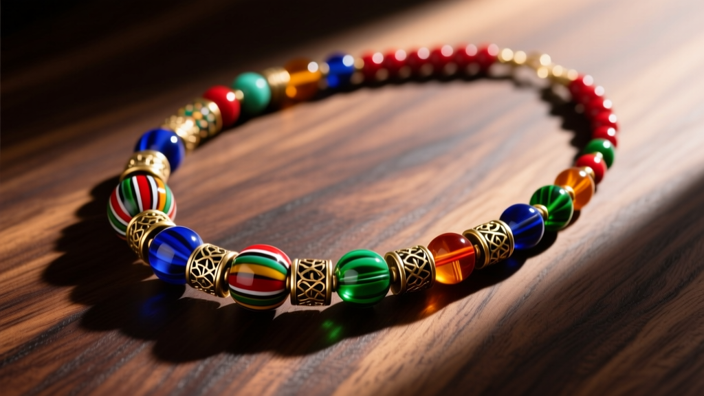 Flat lay of a vintage African trade bead necklace featuring colorful Millefiori glass and brass spacers on a dark wood surface