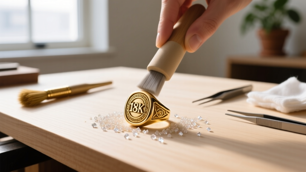 Overhead view of a workbench showing a vintage 18k gold signet ring being polished with sustainable, non-toxic abrasive compounds