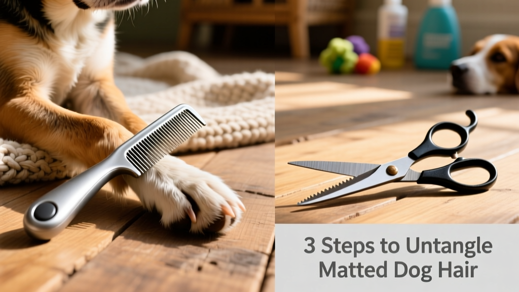 Side-by-side comparison showing a safe metal comb versus unsafe household scissors near a dog's leg