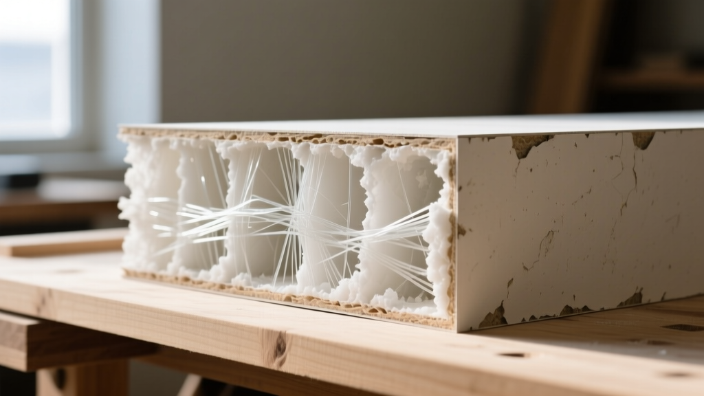 Macro cross-section of gypsum board revealing dense white calcium sulfate core, glass fibers, and thick paper facers on a wooden workbench